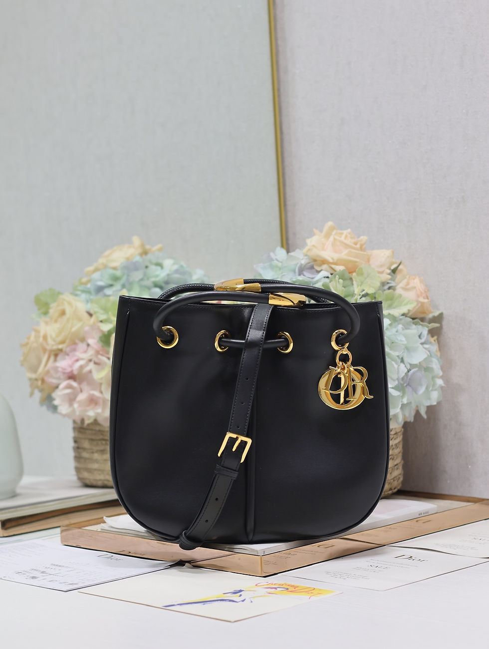 Luxe Vault NYC Smooth Black Leather Bucket Bag with Dior Charm