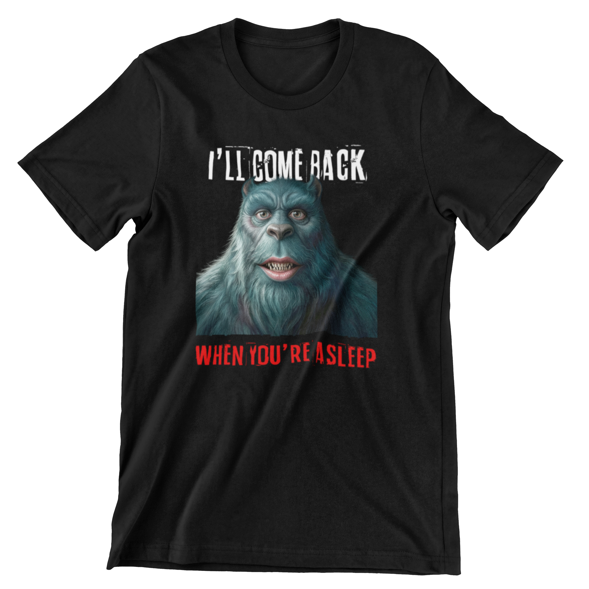 Flat lay front view of the black realistic Sulley monster meme graphic t-shirt on a white background