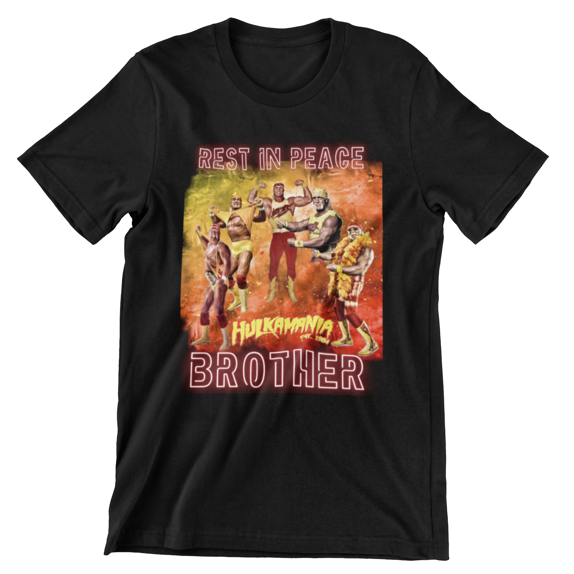 Hulk Hogan tribute black tshirt, "Rest in Peace Brother" memorial design, vintage 80s wrestling style apparel
