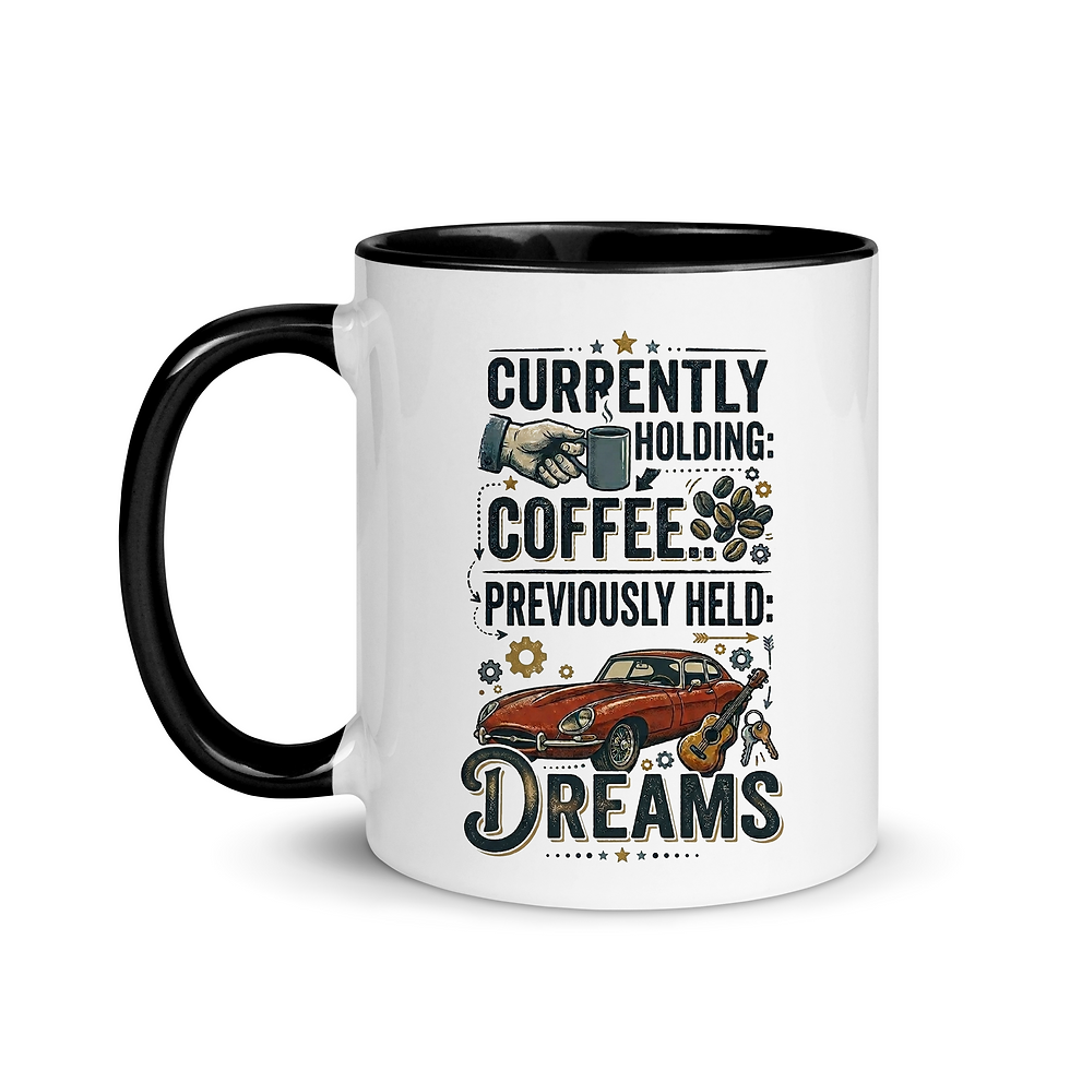 Thumbnail: Vintage illustration of a red sports car and acoustic guitar on a white 11oz ceramic mug. Funny midlife quote.
