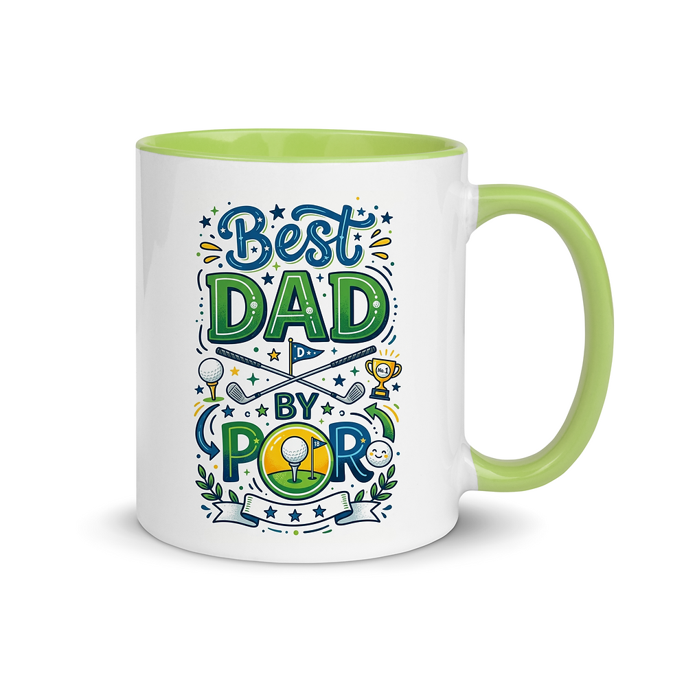 White 11oz ceramic mug with a detailed green and blue retro illustration reading Best Dad By Par with golf clubs and stars.