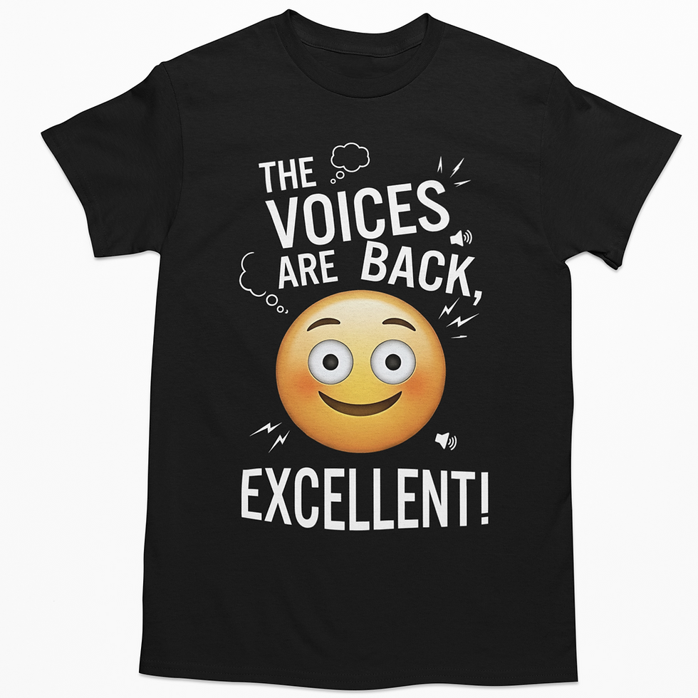 Black graphic t-shirt with a blushing emoji and white text reading "The Voices Are Back, EXCELLENT!".