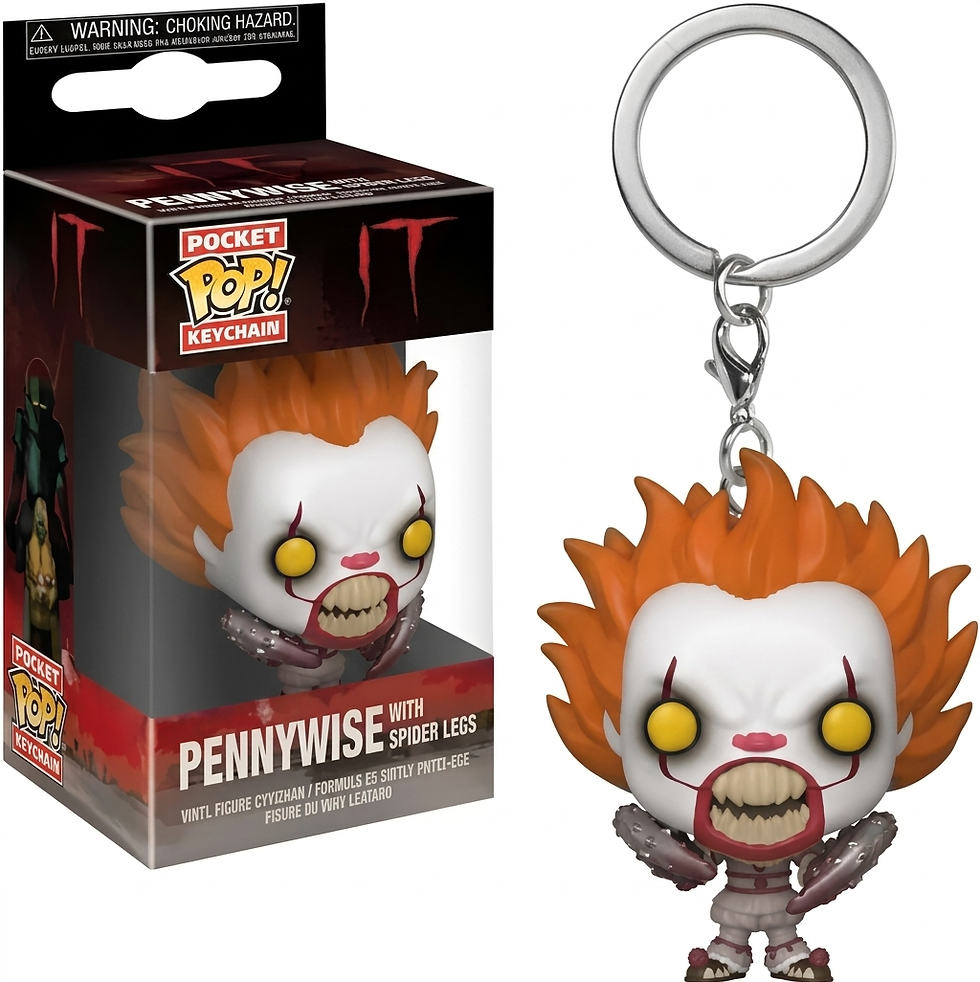 Thumbnail: Funko Pocket Pop IT Pennywise with Spider Legs keychain next to its original black and red window display packaging.