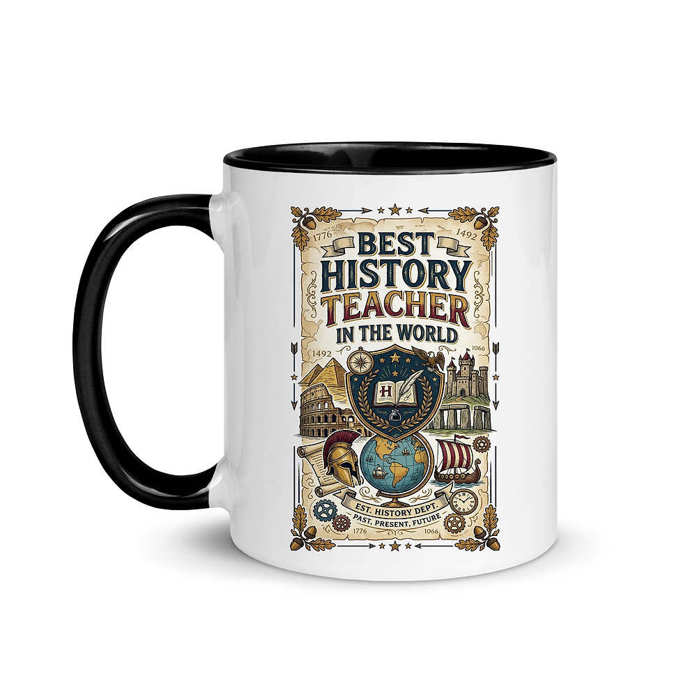 Thumbnail: 11oz history teacher gift mug showing black rim and the black sturdy C-handle