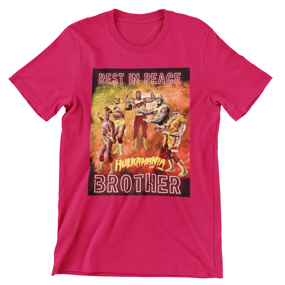 Thumbnail: Red tshirt featuring a memorial collage of Hulk Hogan in red and yellow wrestling gear with "Rest in Peace Brother"