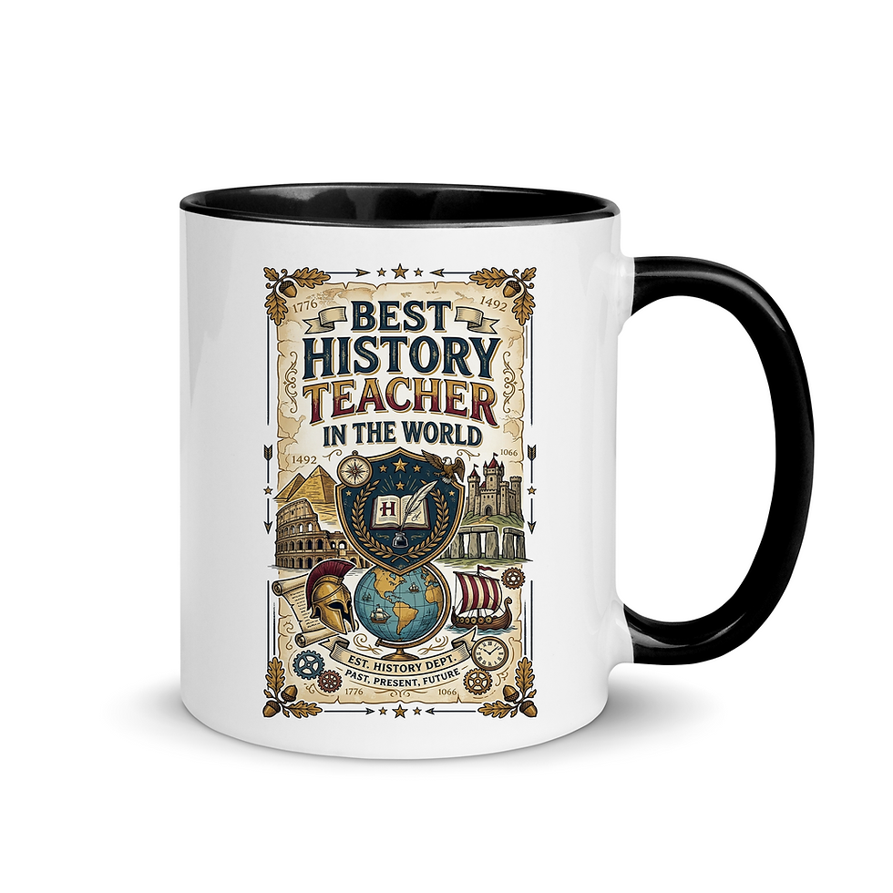 11oz white ceramic mug with an antique scroll graphic reading Best History Teacher In The World.
