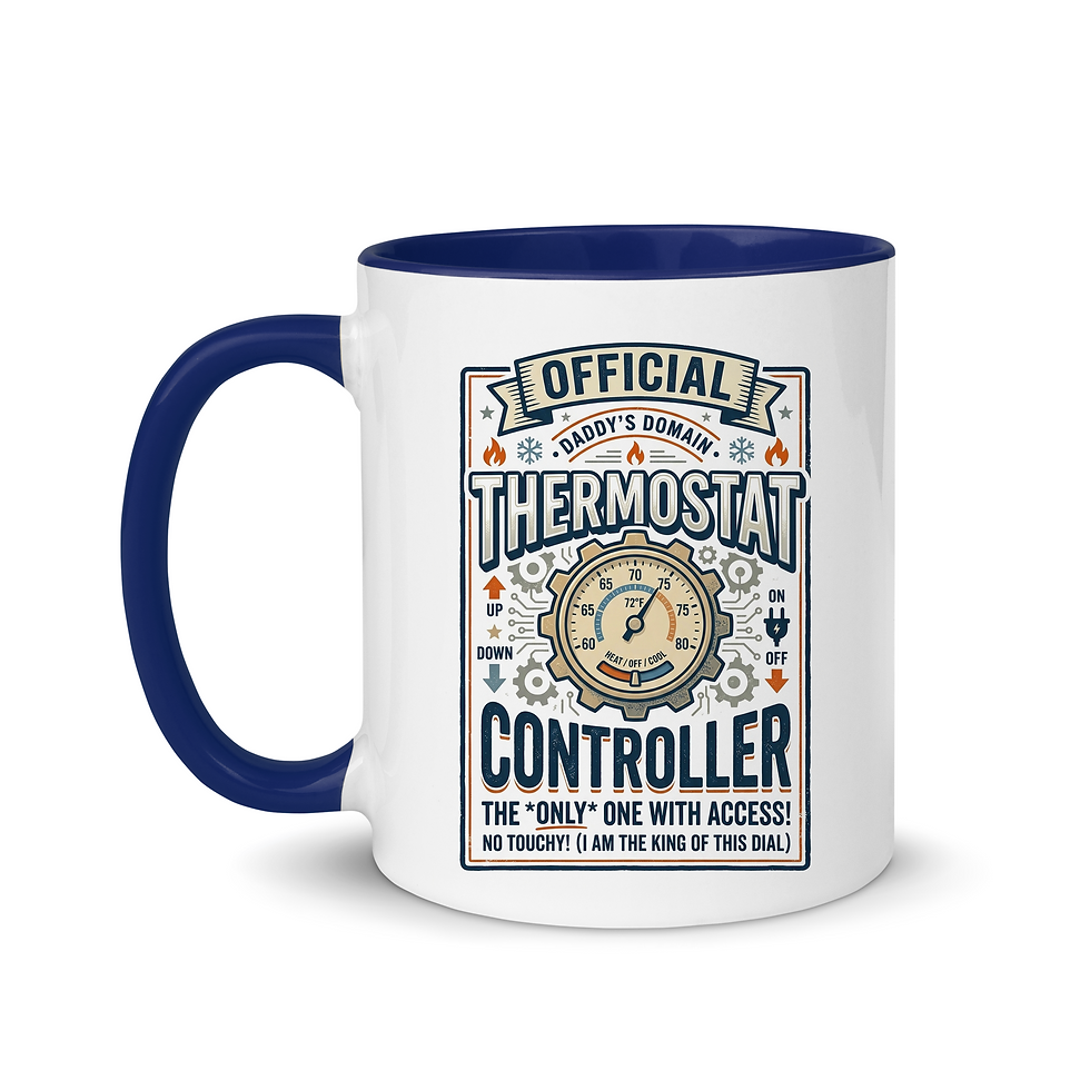 Thumbnail: Vintage blueprint-style sign and dial illustration on a white 11oz ceramic coffee mug. Funny dad thermostat gift.
