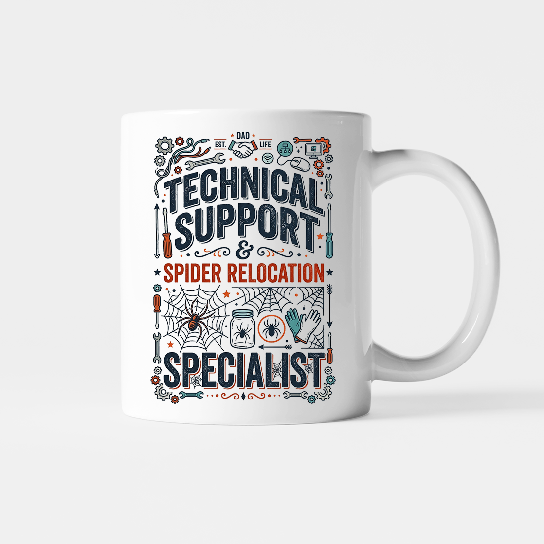 White 11oz coffee mug reading Technical Support and Spider Relocation Specialist with vintage spider illustrations.