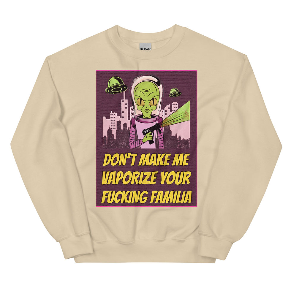 Thumbnail: Beige sweatshirt with green alien holding a ray gun and UFO graphic