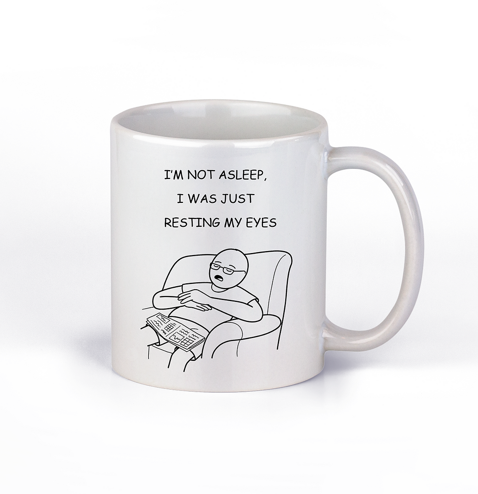 Thumbnail: Funny napping coffee mug with armchair graphic reading I'm Not Asleep I Was Just Resting My Eyes...