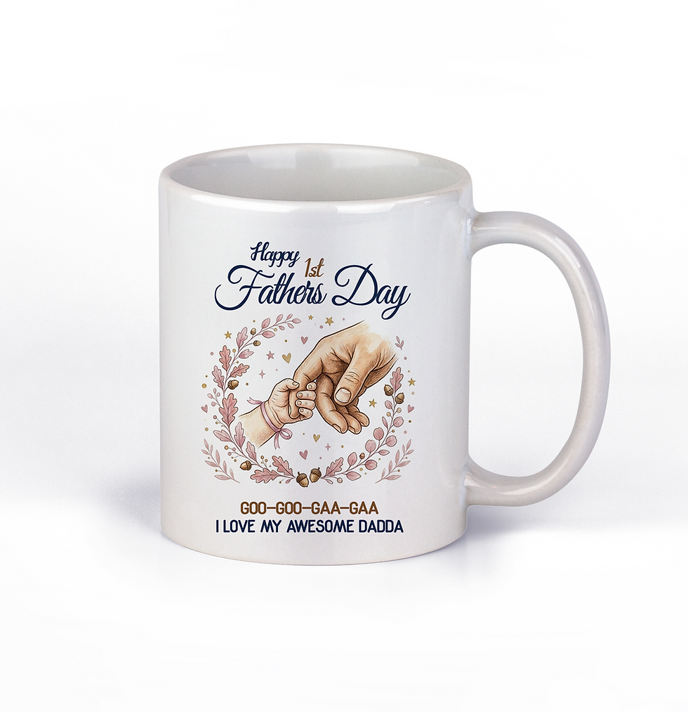 White ceramic mug with a pink leaf wreath illustration framing a baby holding a father's hand for 1st Father's Day.