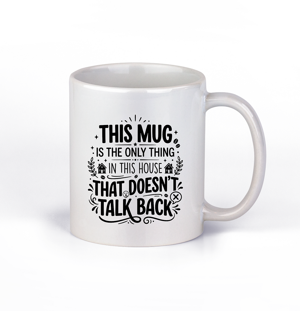 Thumbnail: Black typography and house illustrations on a white 11oz ceramic mug. Funny parent and family joke gift idea.