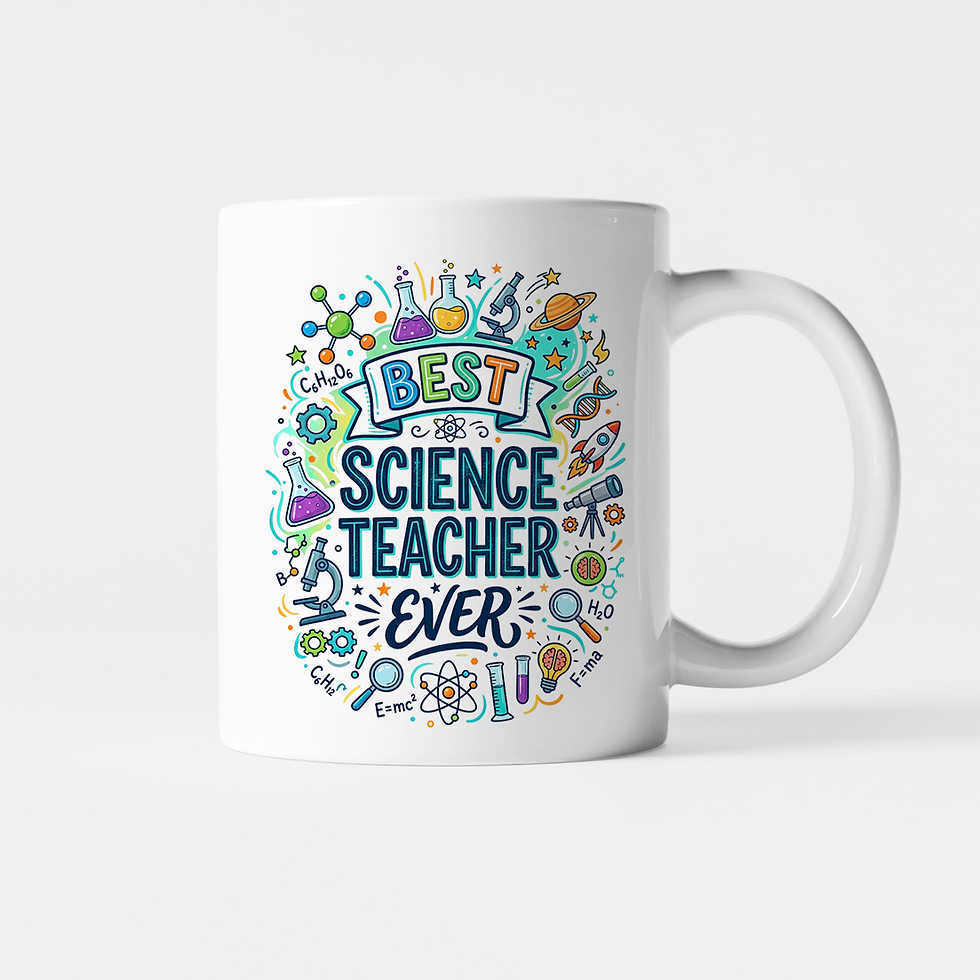 Thumbnail: 11oz white ceramic mug with Best Science Teacher Ever graphic with microscopes and test tubes.