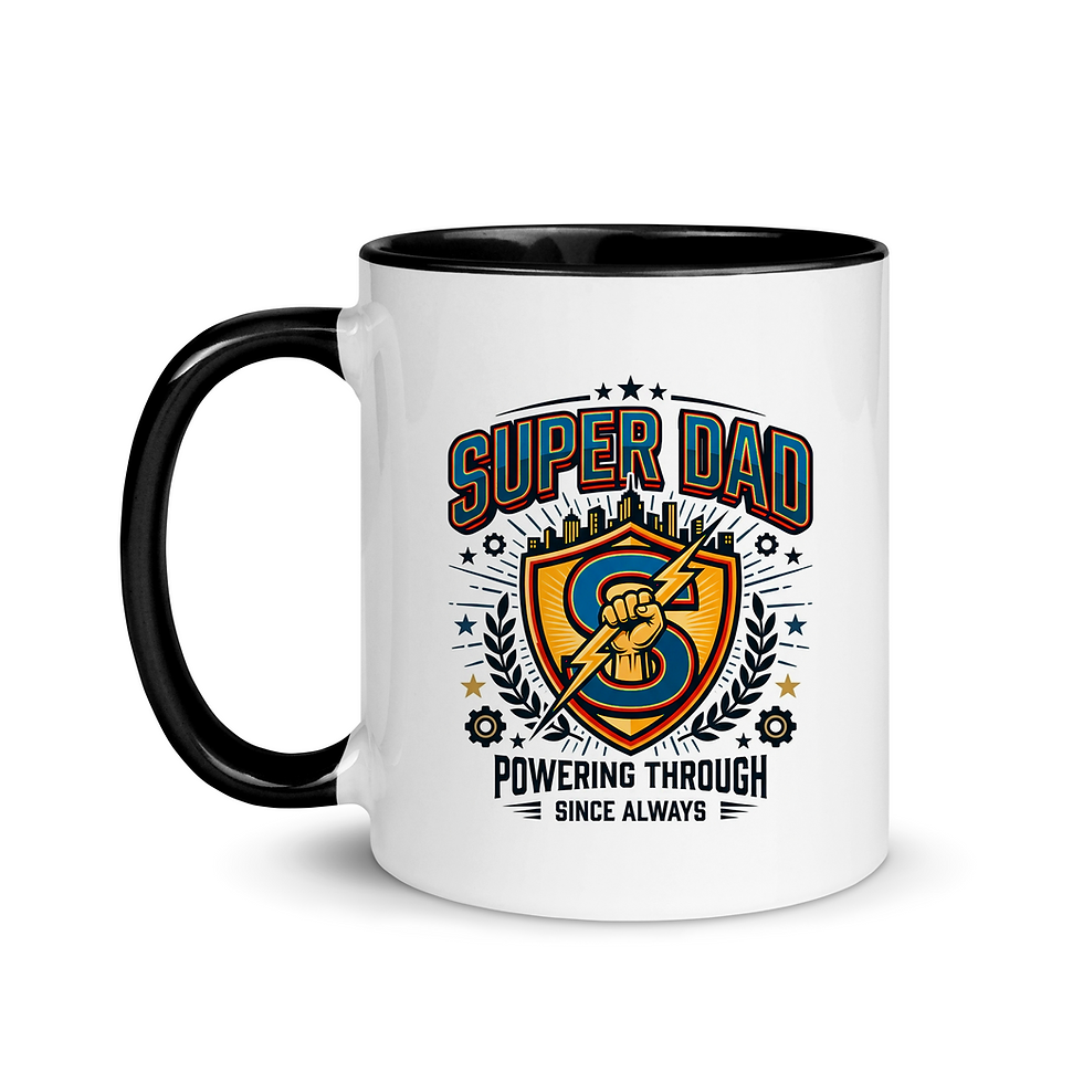 Thumbnail: Colorful comic book superhero emblem on a white 11oz ceramic coffee mug. Funny Super Dad Father's Day gift.