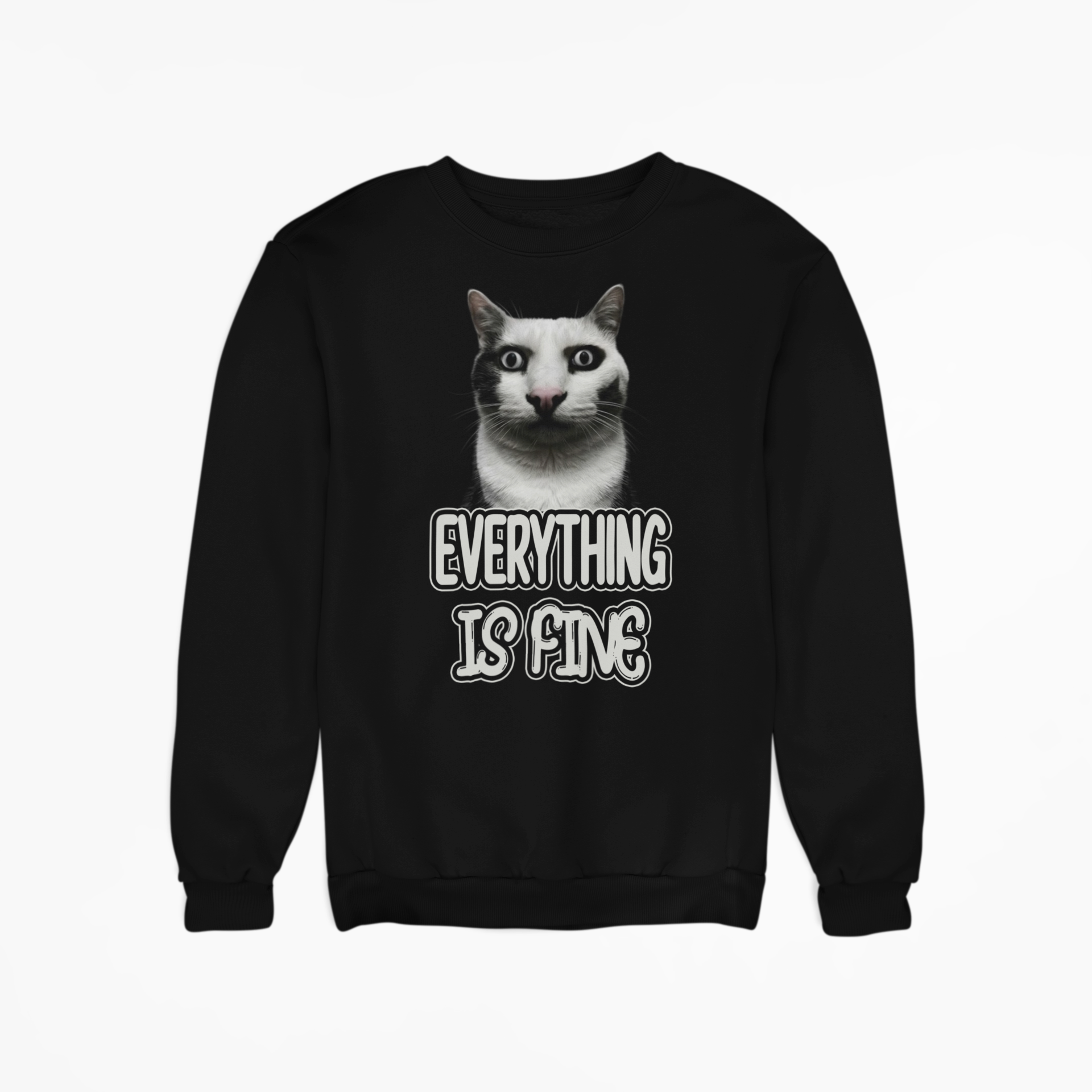 Product mockup of black crewneck sweatshirt with wide-eyed cat and Everything Is Fine text.