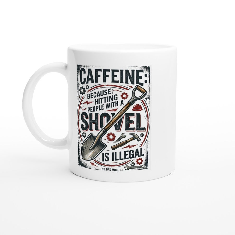 Thumbnail: White ceramic 11oz coffee mug with industrial shovel and gears graphic reading Caffeine Because Hitting People...