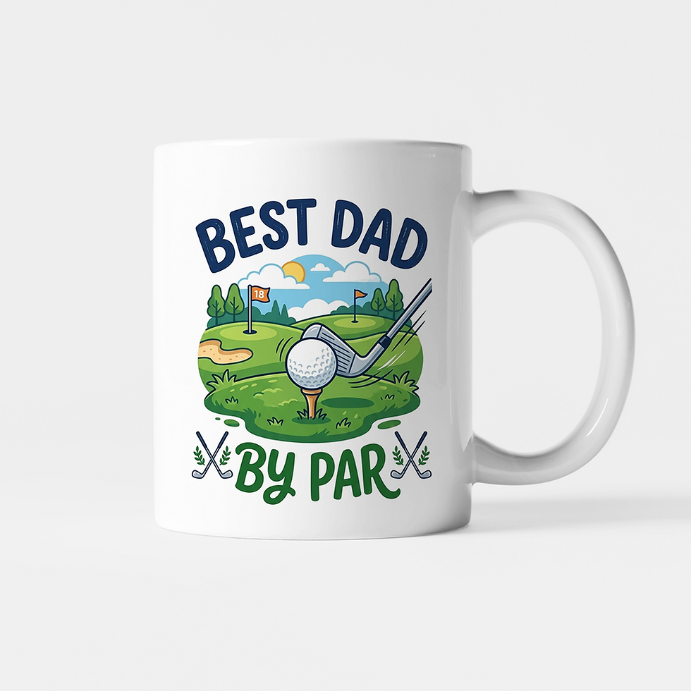 White 11oz ceramic mug with a colorful graphic of a golf ball on a tee, a golf club, and text reading Best Dad By Par.