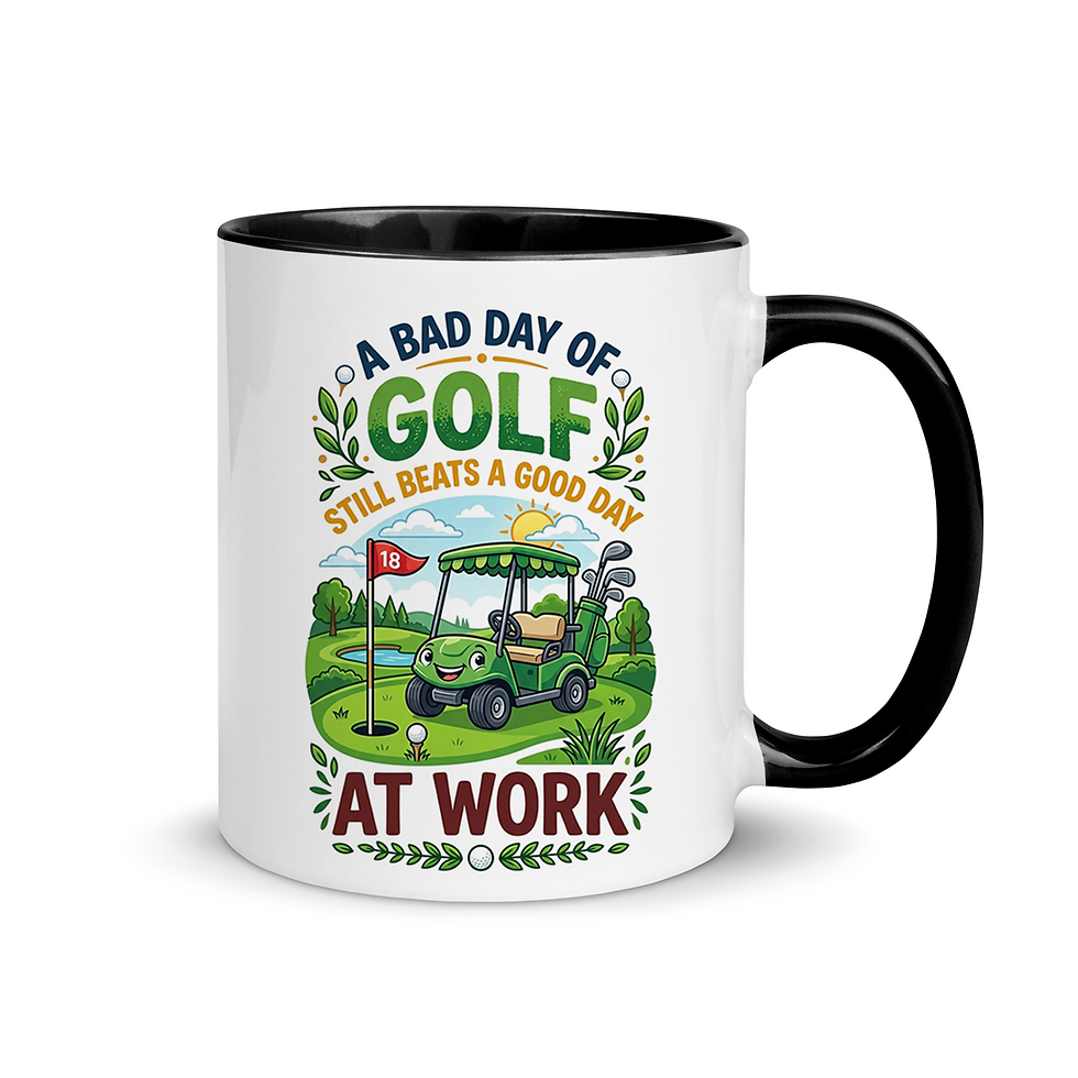 11oz ceramic mug featuring a cartoon golf cart graphic with text reading A Bad Day of Golf Still Beats a Good Day at Work