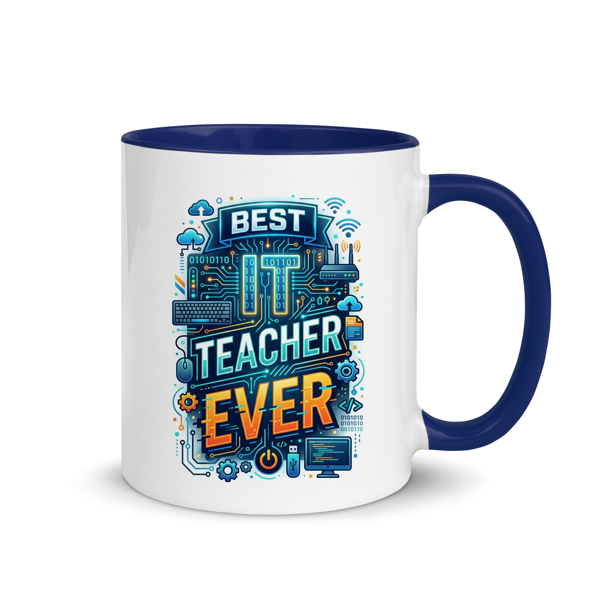 11oz white ceramic mug featuring a glowing blue and orange circuit board Best IT Teacher Ever graphic.