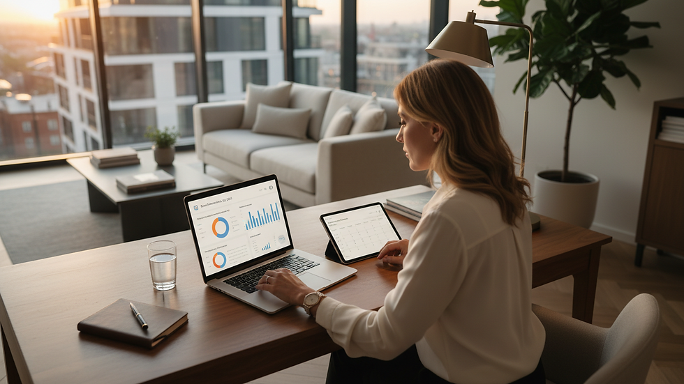 High angle view of a property manager reviewing rental performance reports on a laptop