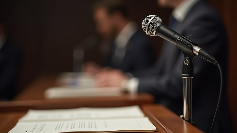 Close-up view of a microphone and notes on a speaker's podium