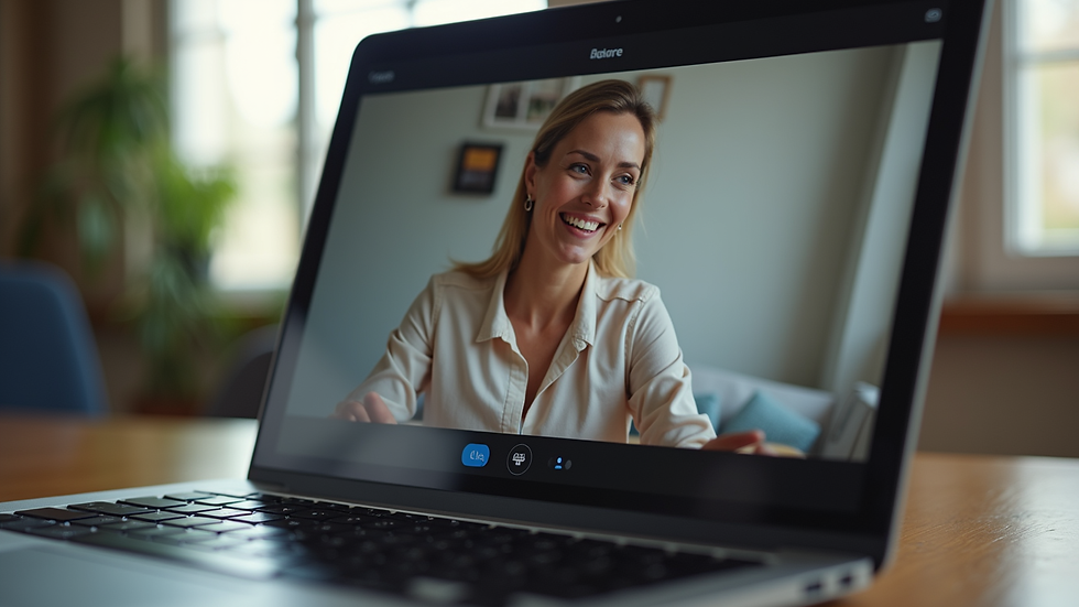 Close-up view of a laptop screen showing a video call with a communication coach