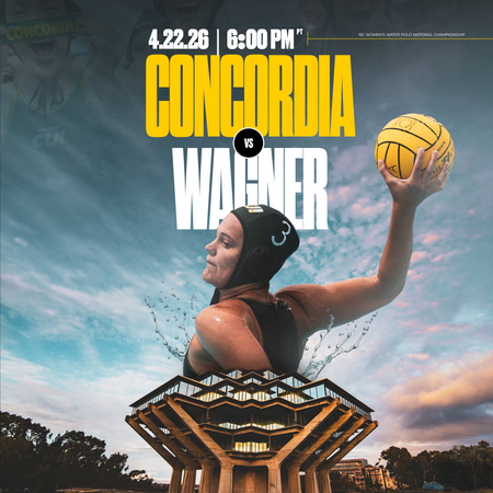This is a striking composition—using the Geisel Library as a "pedestal" for the athlete gives it a real sense of scale and importance.
Here is the alt-text for the image:
Alt-Text:
A promotional sports graphic for the NC Women's Water Polo National Championship. The centerpiece is a surrealist edit featuring a female water polo player rising out of the top of the iconic, brutalist Geisel Library at UC San Diego as if it were a pool. She is holding a yellow ball aloft with water splashing around her waist. The top of the graphic displays the matchup "CONCORDIA VS WAGNER" in bold yellow and white condensed text, alongside the date "4.22.26" and time "6:00 PM PT." The NCAA logo is at the very top, and the bottom text indicates the location: "CANYONVIEW AQUATIC CENTER, UNIVERSITY OF CALIFORNIA SAN DIEGO, LA JOLLA, CALIFORNIA." The background features a dramatic, cloudy sunset sky.