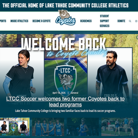 The official homepage for Lake Tahoe Community College Athletics features a prominent news banner headlined "WELCOME BACK to Coyote Country." The lead story, dated April 14, 2026, announces that LTCC Soccer is bringing back two former Coyotes to lead their programs. The graphic displays headshots of two individuals flanking the LTCC Coyotes crest: a woman on the left in a black training top and a man on the right in a navy polo. Below the main feature, a carousel of smaller thumbnails shows other recent news items, including cross-country and track and field highlights. Navigation tabs for Sports, Inside Athletics, Academics, and Student Support Services are visible at the top.
