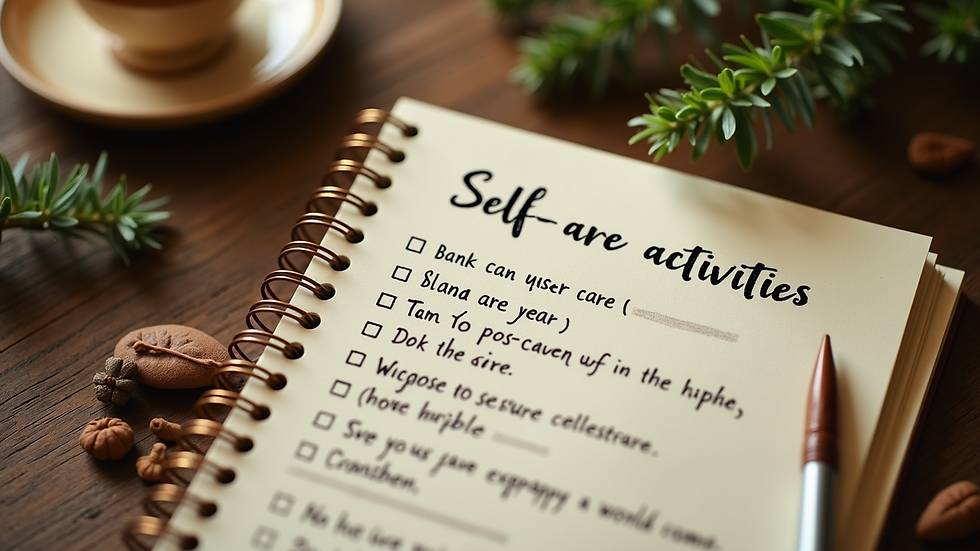 High angle view of a notebook with a handwritten list of self-care activities