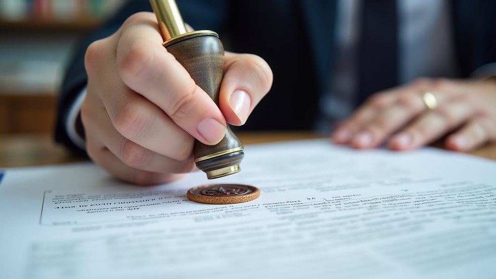 Close-up view of a mobile notary’s stamp and seal on a legal document