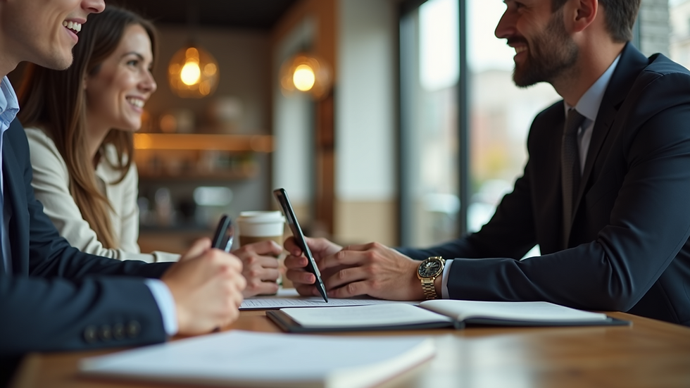 Eye-level view of a mobile notary meeting a client at a coffee shop