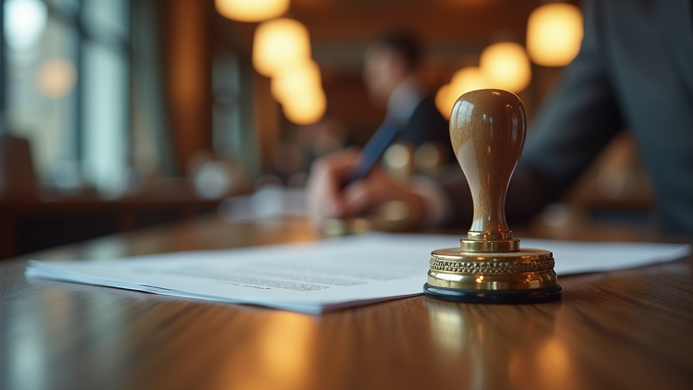 High angle view of a bank counter with a notary stamp