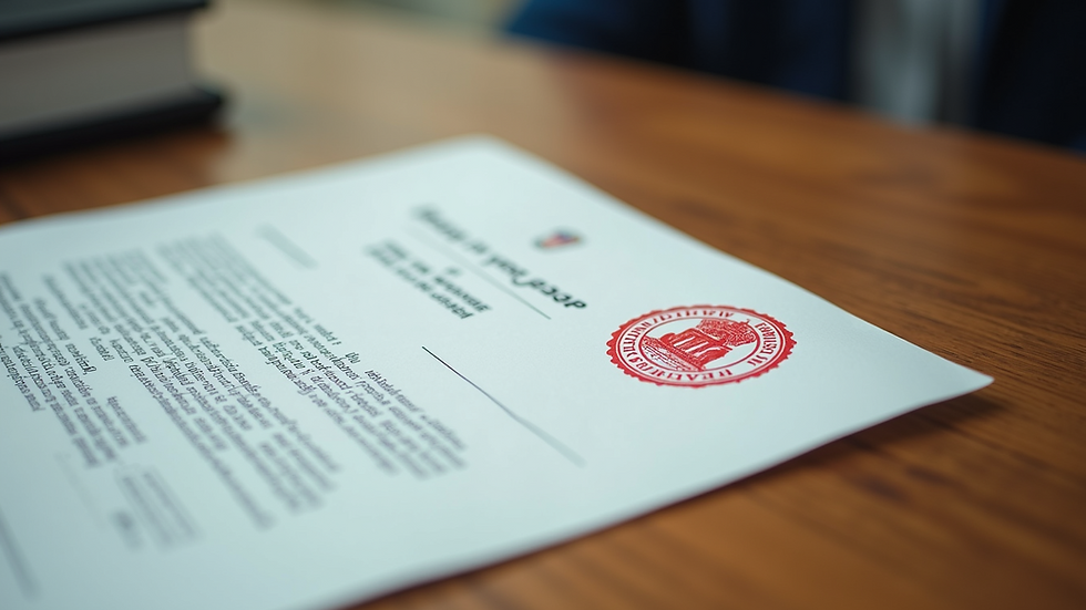 Close-up view of a stamped official document on a wooden desk