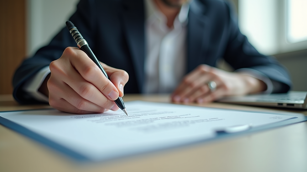Eye-level view of a mobile notary signing documents at a client’s office desk