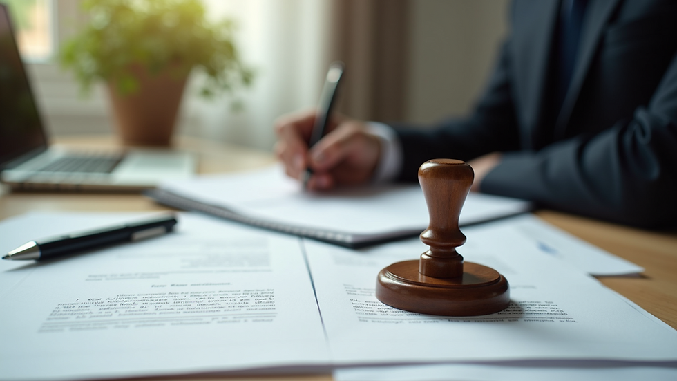 Close-up view of a notary stamp and documents on a desk