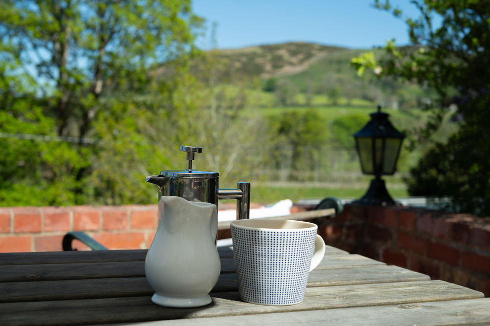 A cafetiere, milk jug and mugs on a table in the foreground, with green hills in the distance beyond.