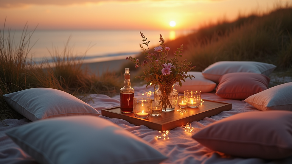 High angle view of a beach picnic setup with fairy lights and cushions at sunset