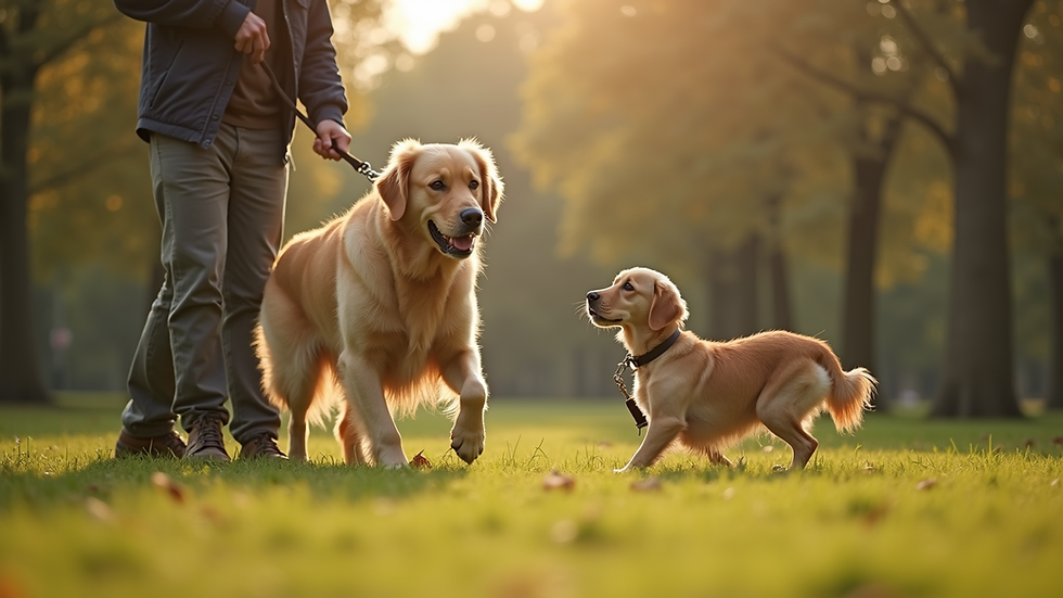 Eye-level view of a dog trainer working with a golden retriever in a park
