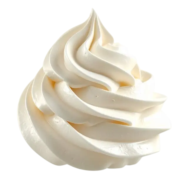 Studio photography of a swirl of creamy white frosting or whipped cream. Set against a stark black background, highlighting the smooth texture and intricate ridges.