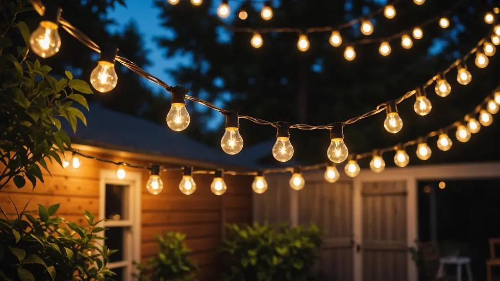 High angle view of outdoor string lights created overhead in a backyard setting