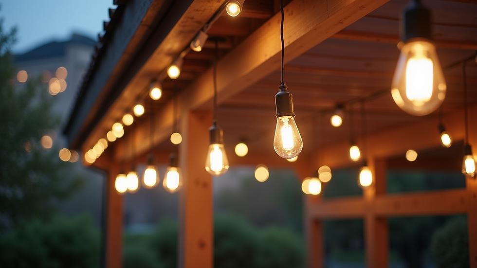 Close-up view of decorative patio cover lights hanging elegantly