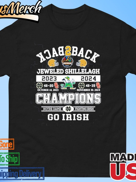 VenusMerch - Official Back 2 Back Jeweled Shillelagh 2023-2024 Champions Notre Dame Fighting Irish Unisex T-shirts