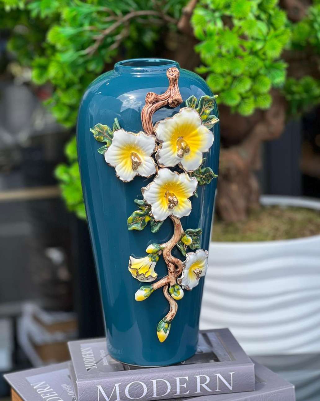 İTHAL SERAMİK BLUE FİORİNA VAZO KÜÇÜK SARI ÇİÇEK