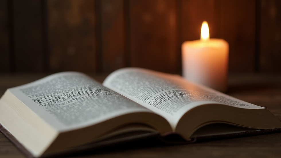 Close-up view of an open book with a candle beside it