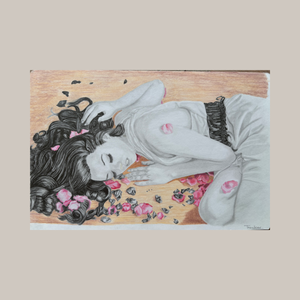 Black/ white portrait of the sleeping beauty on colorful background with border