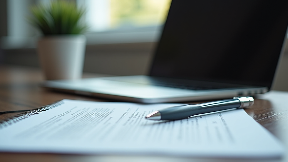Eye-level view of a laptop on a desk with legal documents