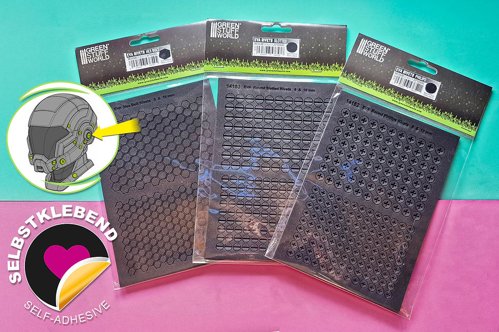 3 Päckchen mit Foam-Schrauben auf einem Foam-Bogen. Button: Selbstklebend.