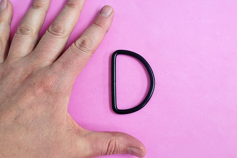 Miniaturbild: Großer, schwarzer D-Ring, daneben eine Hand. Er passt circa in die Lücke zwischen Daumen und Zeigefinger
