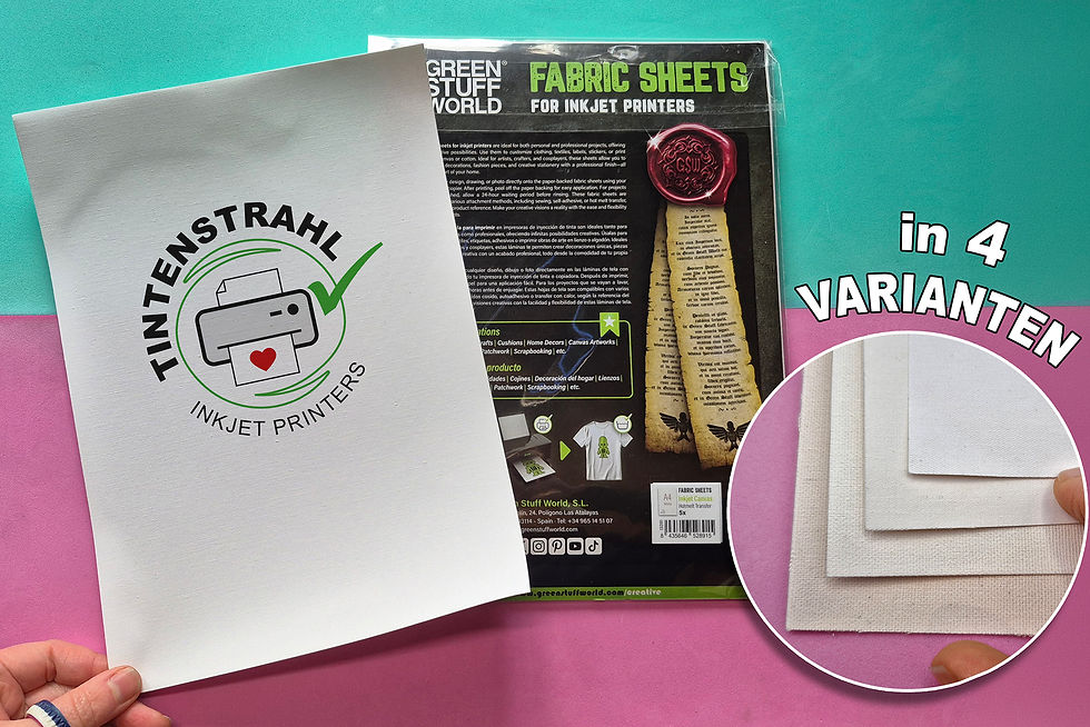 Ein A4 großes Stück Stoff. Button: Für Tintentstrahldrucker. Hinweis: in 4 varianten.