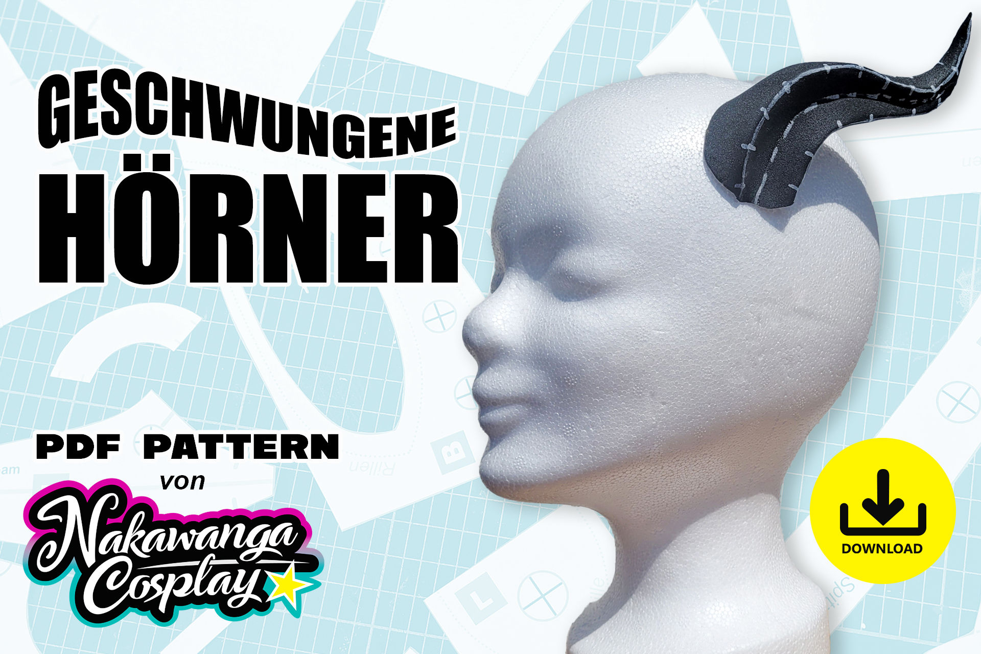kleine geschwungene Hörner aus Foam wurden auf einem Puppenkopf befestigt